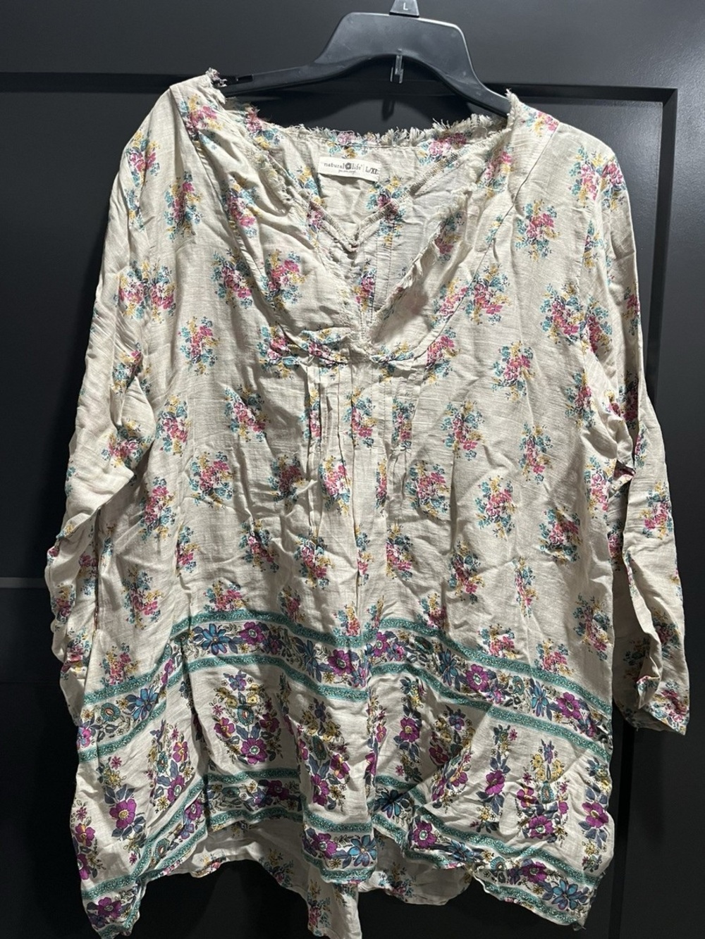 NATURAL LIFE Cream Boho Tunic with Pink & Teal Floral Border